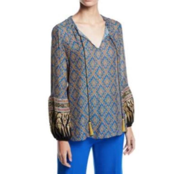 NWOT KOBI HALPERLIN Top S Silk Blend Gold Embroidery Balloon Sleeve Tassel Multi